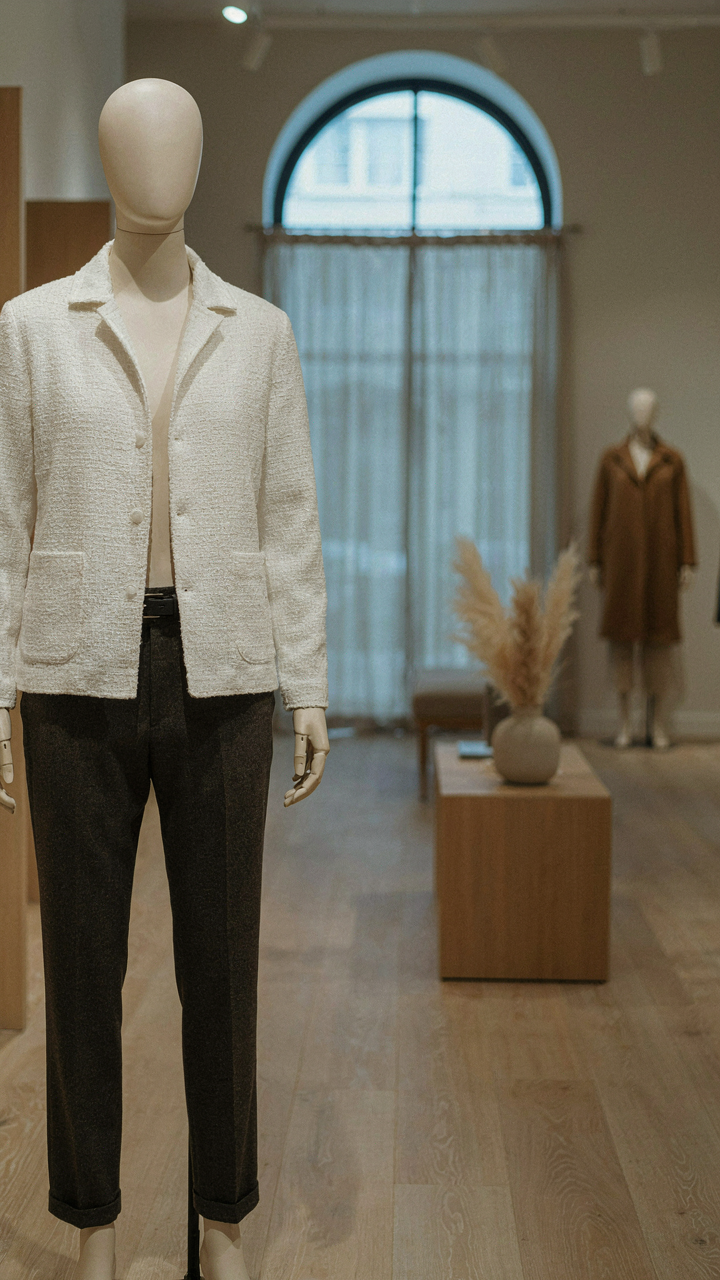 A white tweed jacket contrasts with dark charcoal trousers on a mannequin.