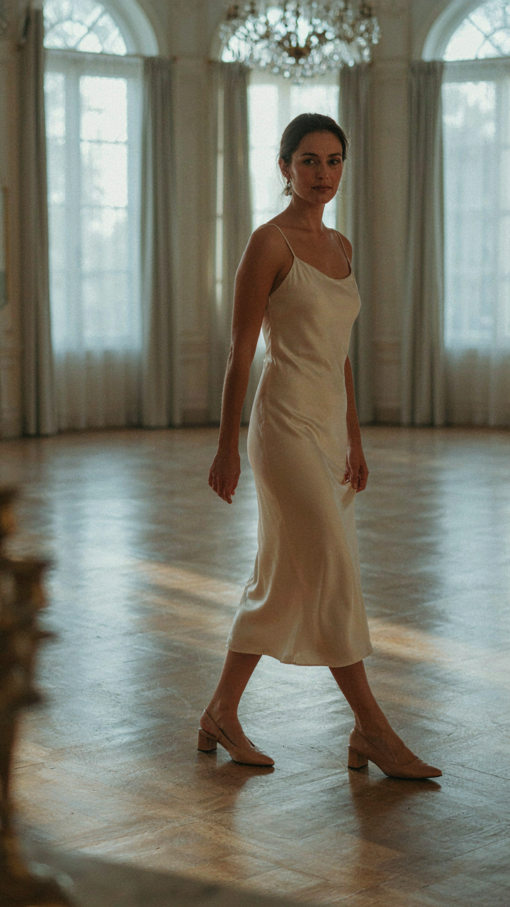 A person walking confidently in pointed-toe leather flats.