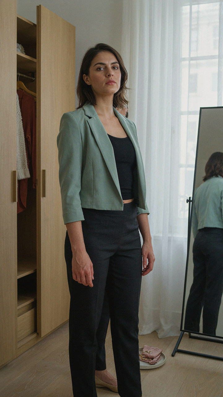 A woman tries on a cropped blazer that does not fit her well.