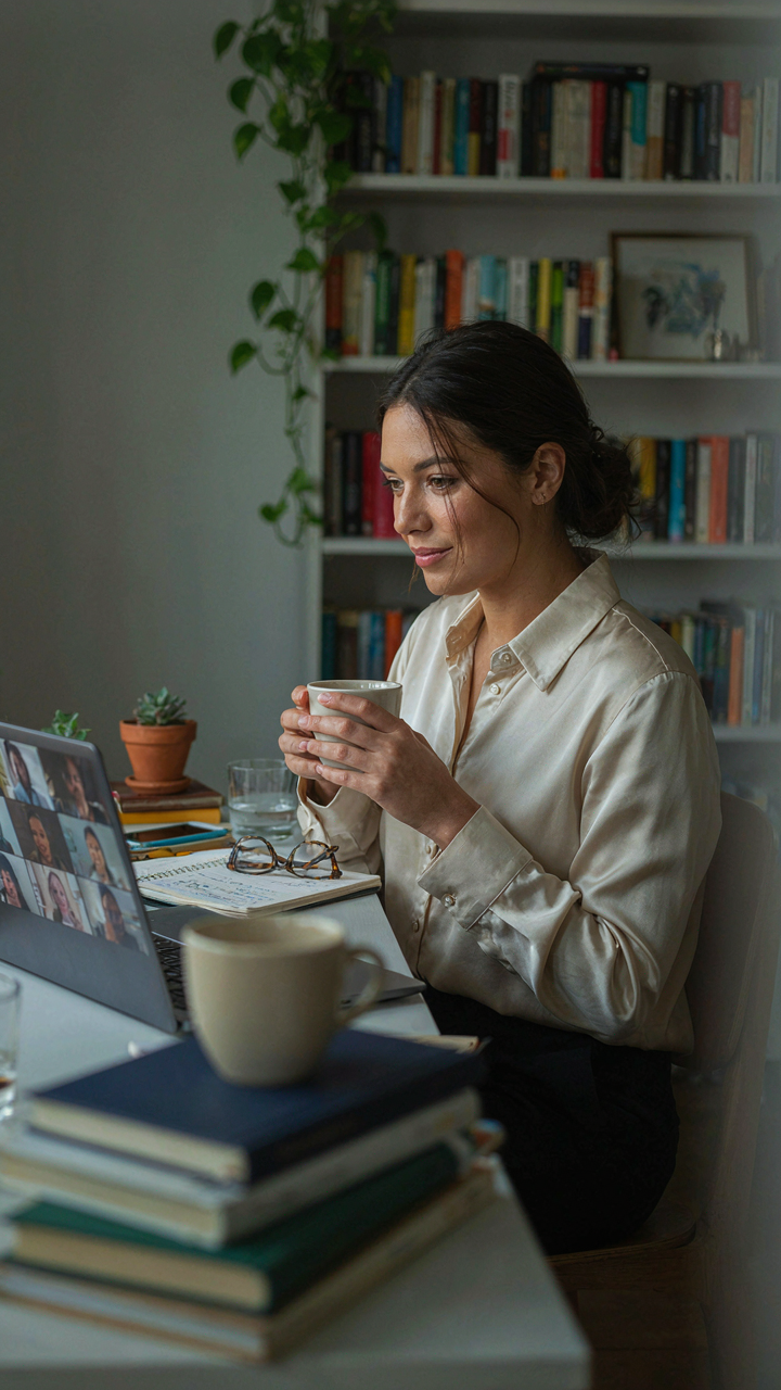 Woman in a formal blouse on a video call in a casual home office.