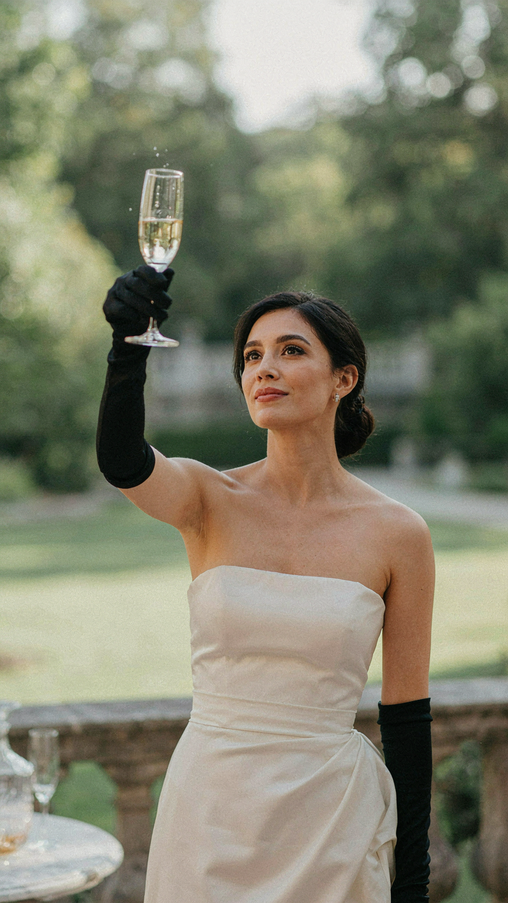 A woman in a strapless gown with opera gloves raising a champagne flute.