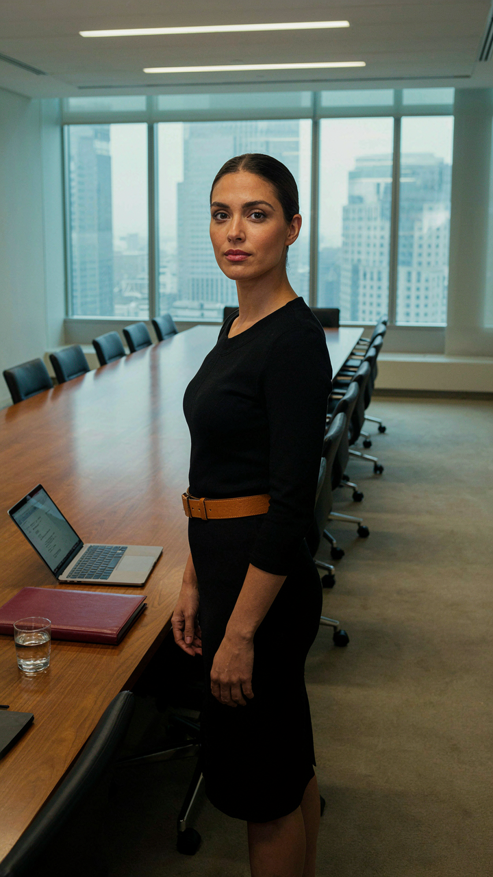 A woman wears a wide leather belt with a formal dress in a boardroom.