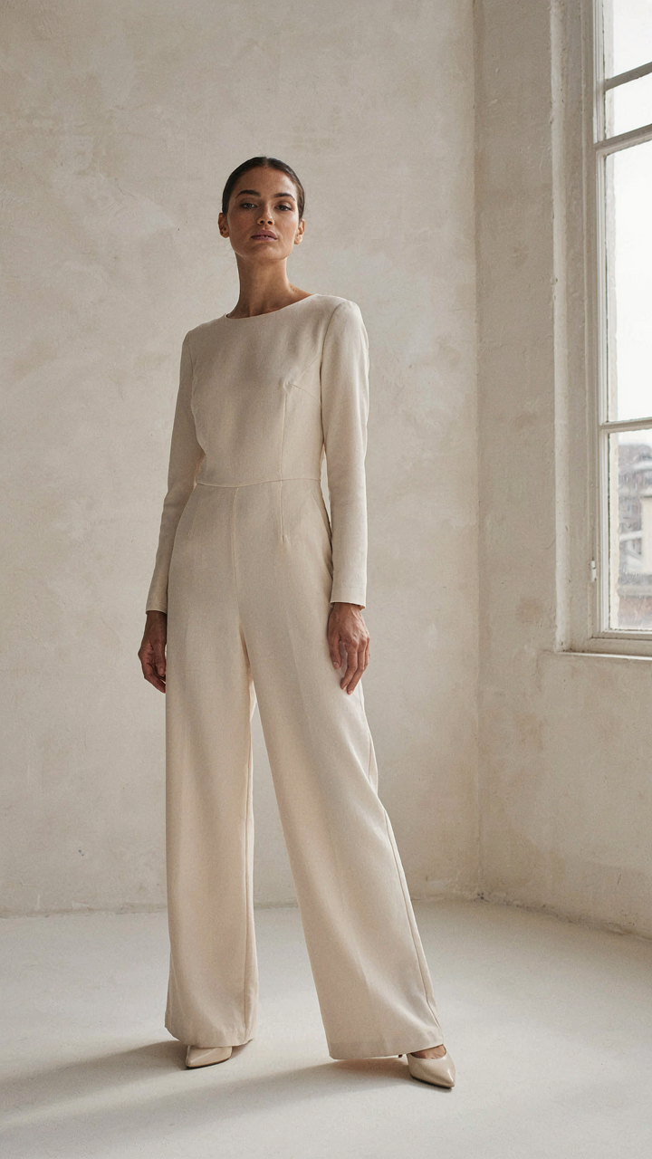 A woman in a wide-leg jumpsuit with structured heels, creating a long line.