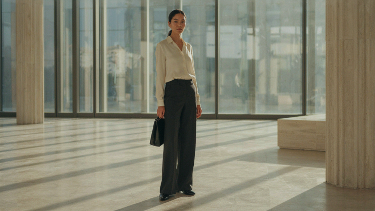 Woman in elegant wide leg pants stands confidently in a modern, sunlit lobby.