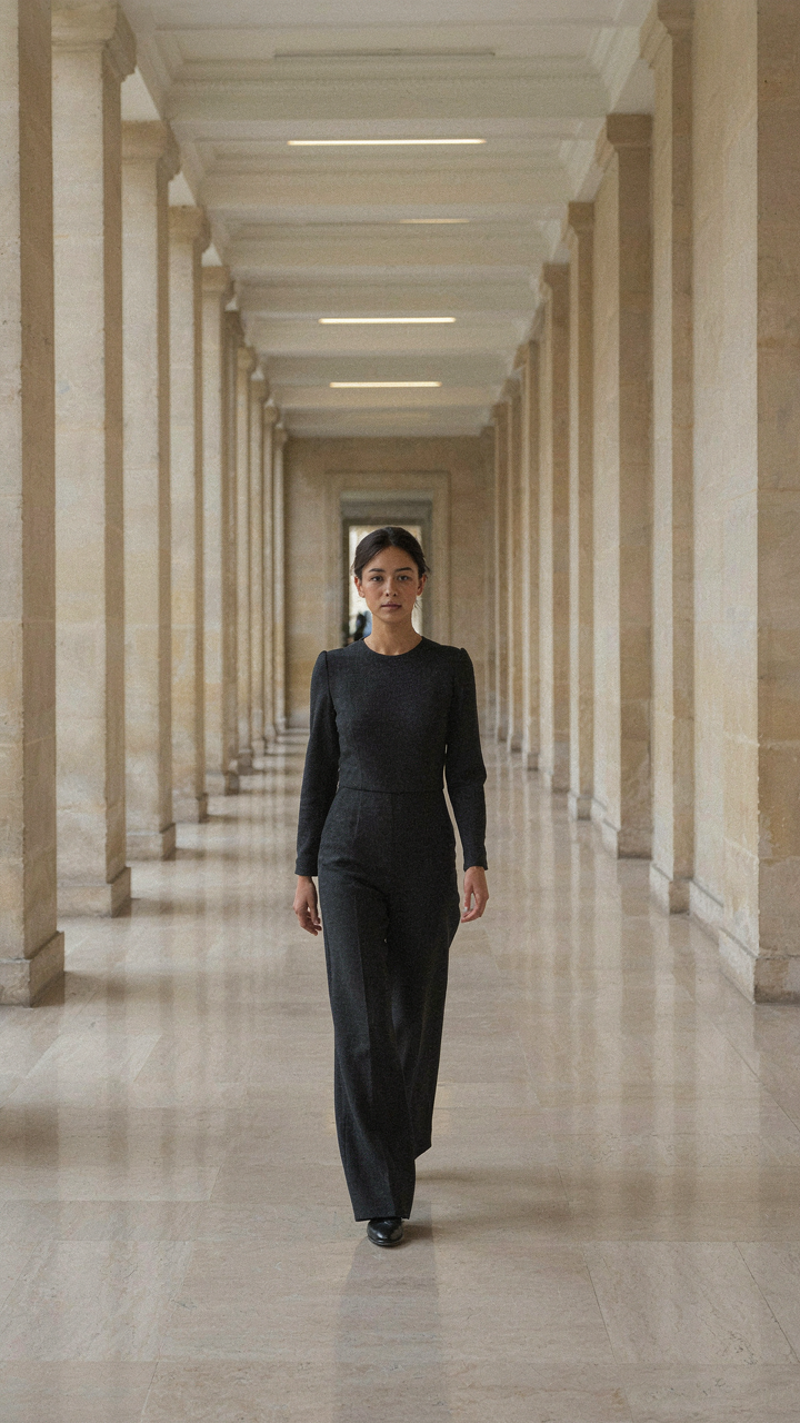 A woman in a wide leg jumpsuit with sleeves walks down a corridor.