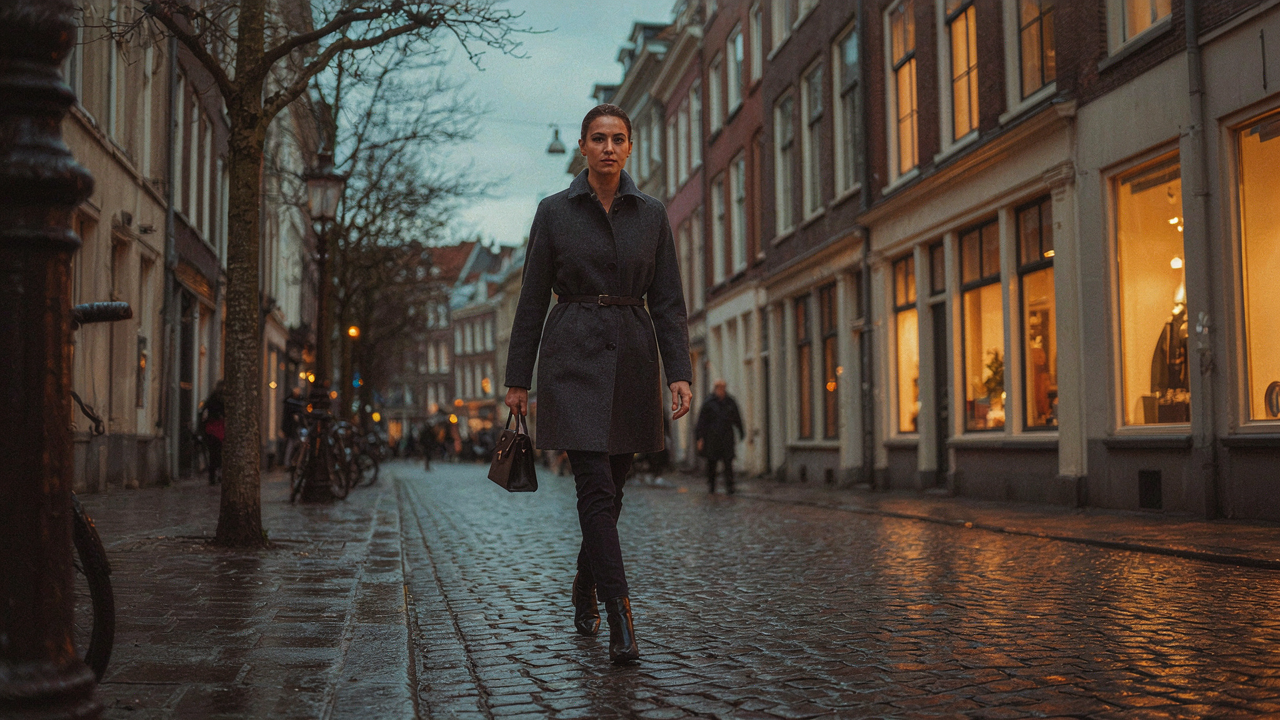 A woman wears an elegant charcoal winter coat for a wedding guest outfit on a cobblestone street.