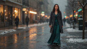 Woman in a beautiful winter formal dress and coat walks confidently on a snowy city street.