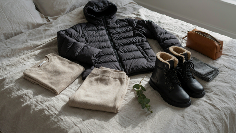 A complete winter travel capsule wardrobe neatly laid out on a bed, ready for packing.