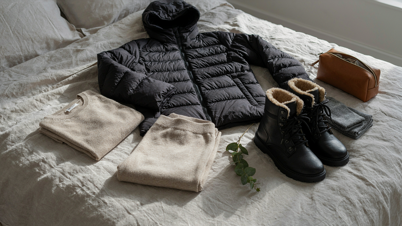 A complete winter travel capsule wardrobe neatly laid out on a bed, ready for packing.