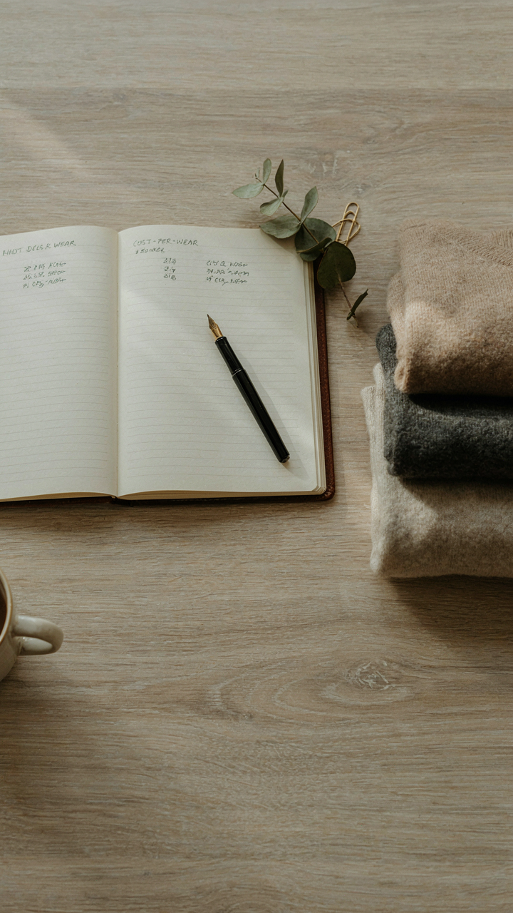 A ledger shows cost per wear calculations next to wool sweaters.