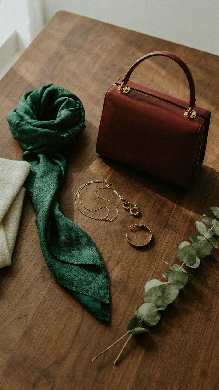 A collection of dressy casual accessories like a silk scarf and jewelry.