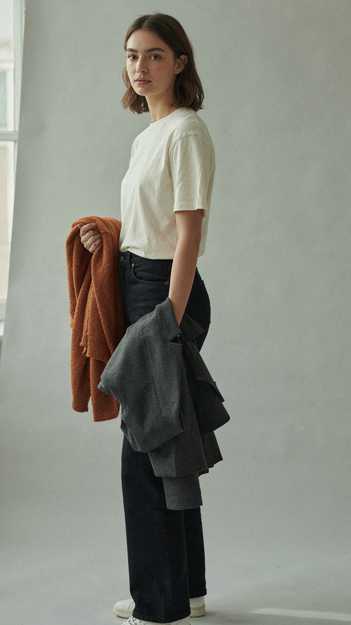 A person layers a blazer over a shirt, then swaps it for a cardigan.