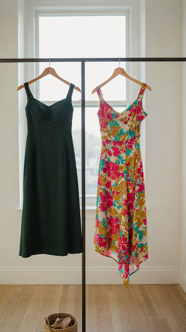 A high-quality dark green dress next to a cheap, patterned dress.