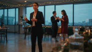 Woman in a tailored blazer at a work holiday party, radiating confidence.