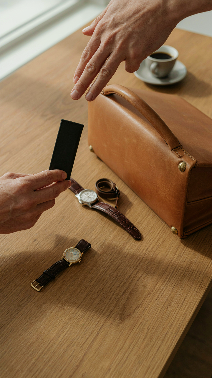 A hand swaps a leather briefcase for a cardholder and a simple watch for a fancier one.