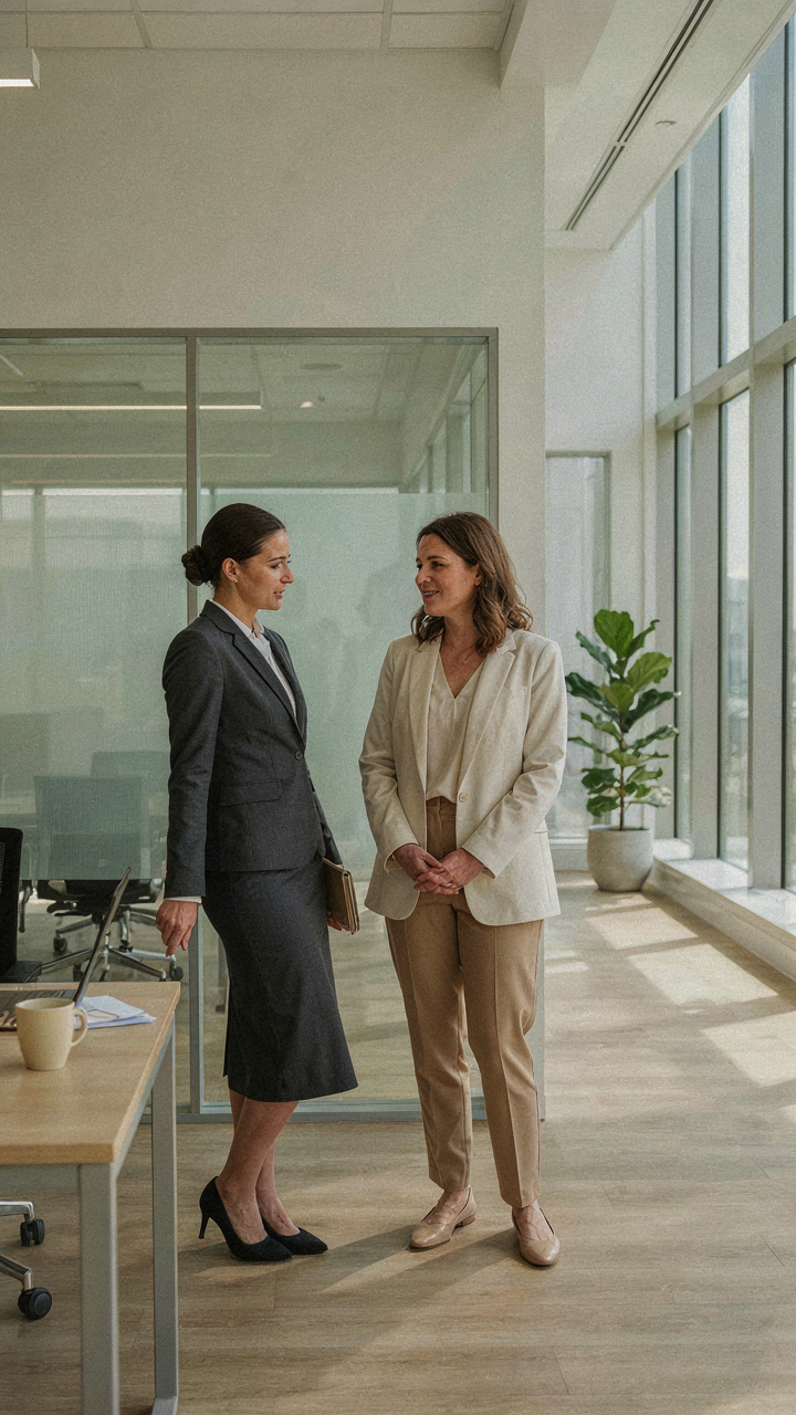 Two women in an office observe each other's outfits.