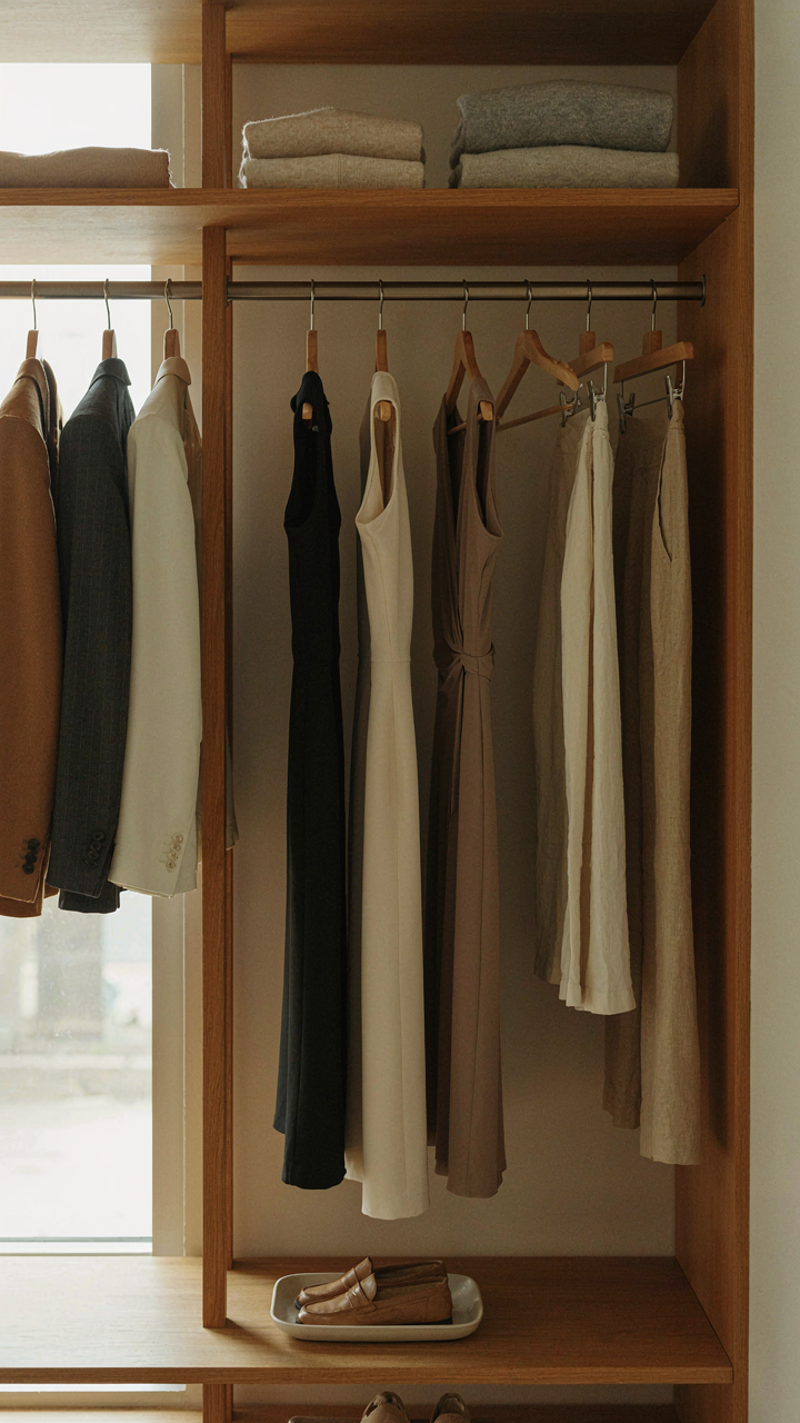A small, curated capsule wardrobe of tailored blazers, trousers, and dresses.