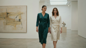 Women in elegant wrap cocktail dresses walk through a modern art gallery.