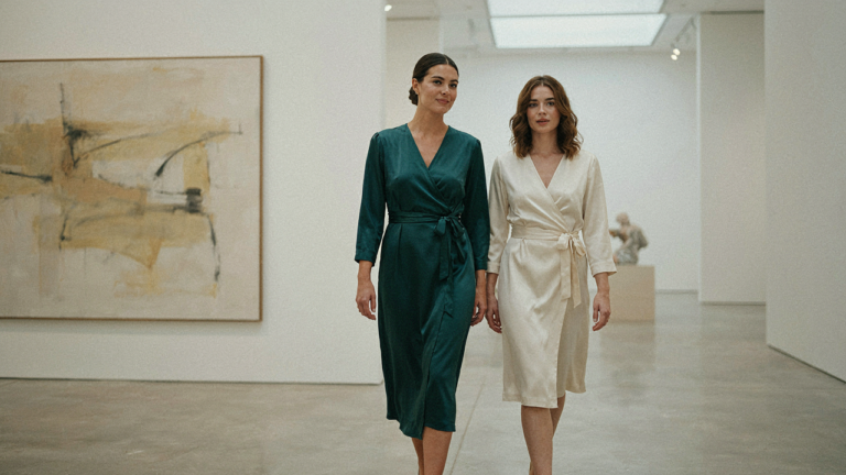 Women in elegant wrap cocktail dresses walk through a modern art gallery.
