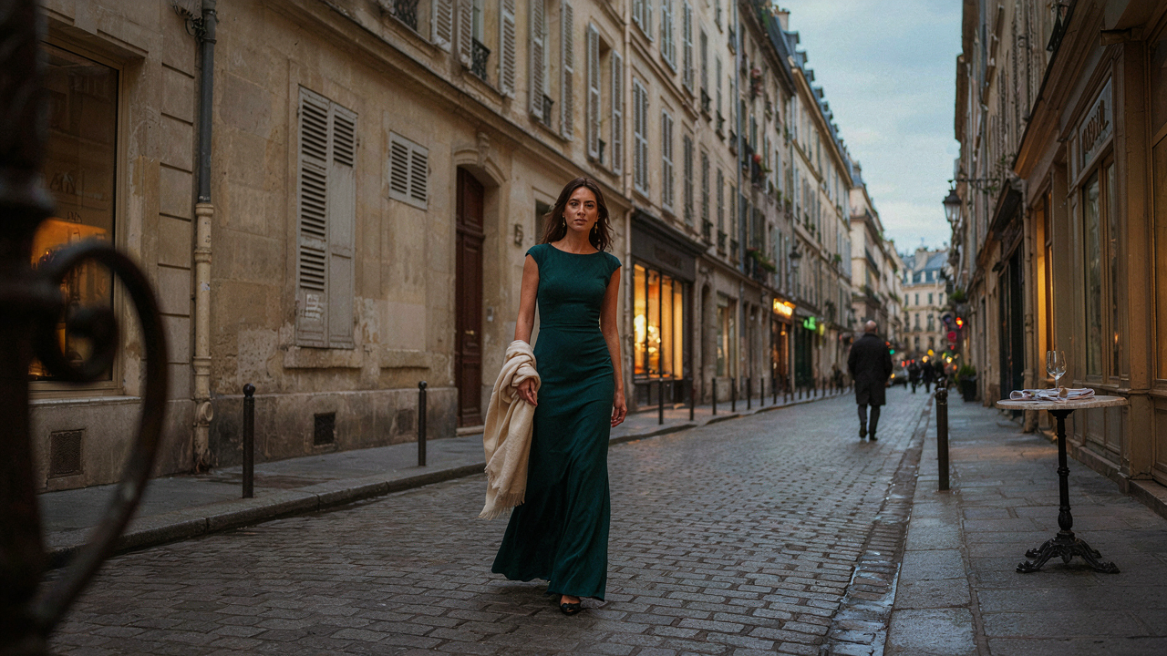 An elegant woman in an evening gown holds a luxurious wrap on a warmly lit street.