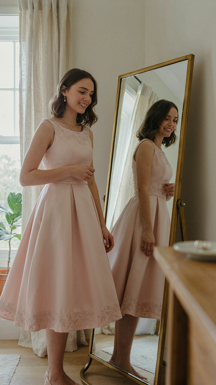 A woman smiles, looking at her reflection in a christening guest dress.