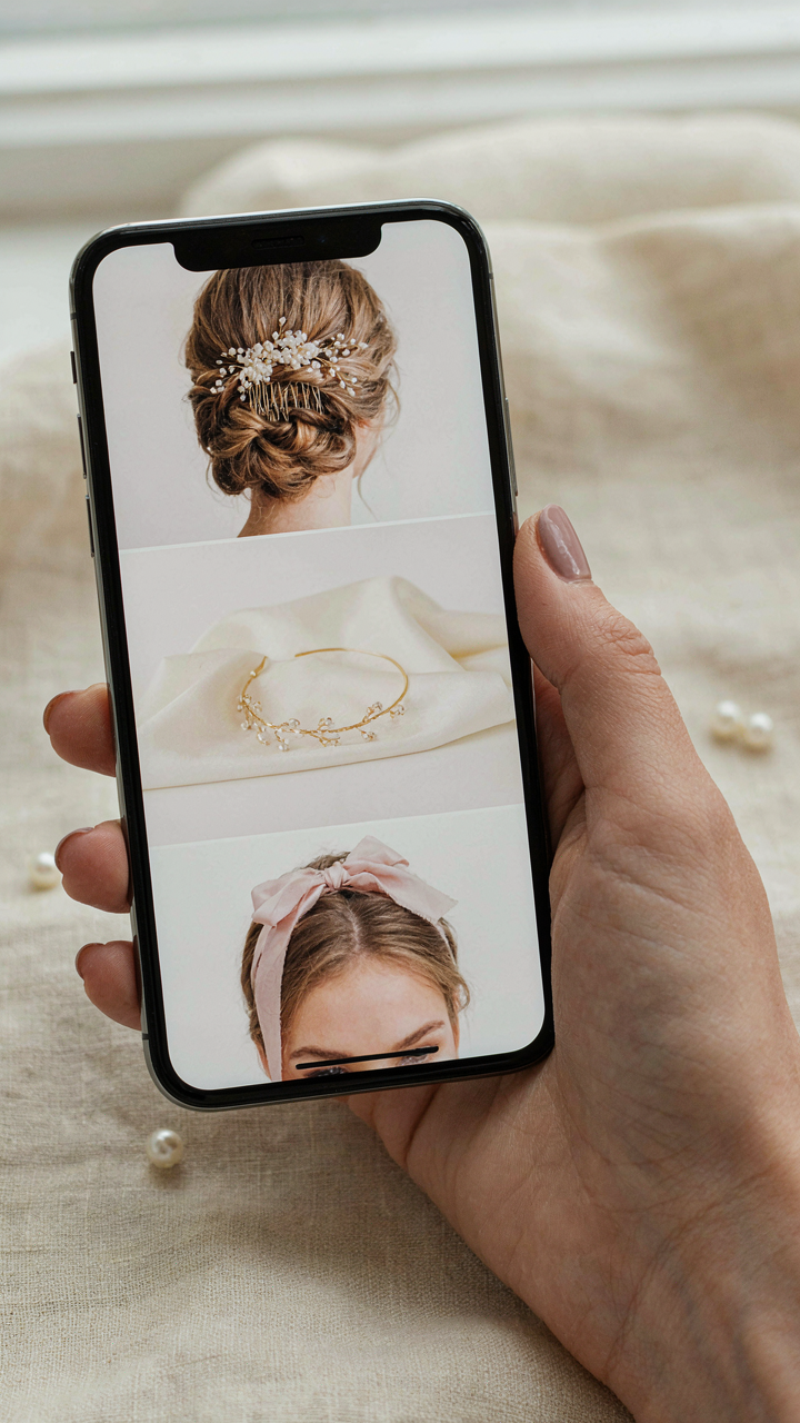 A person holds a phone showing screenshots of stylish wedding guest hair accessories.