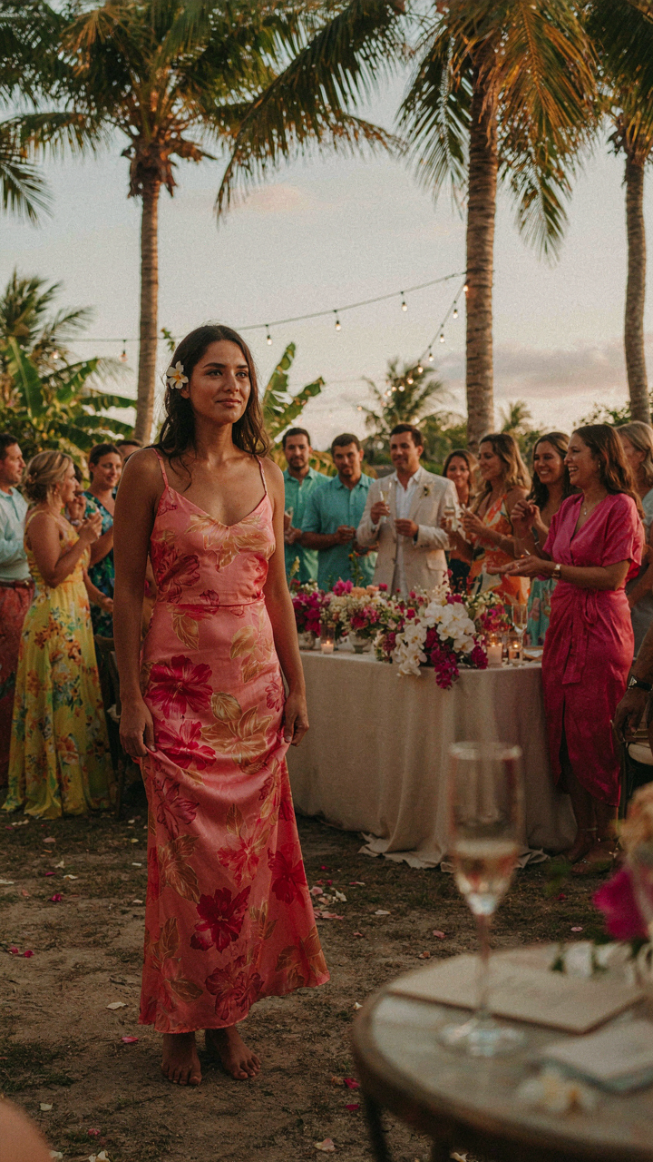 A woman in an elegant tropical wedding guest dress stands out in a crowd.