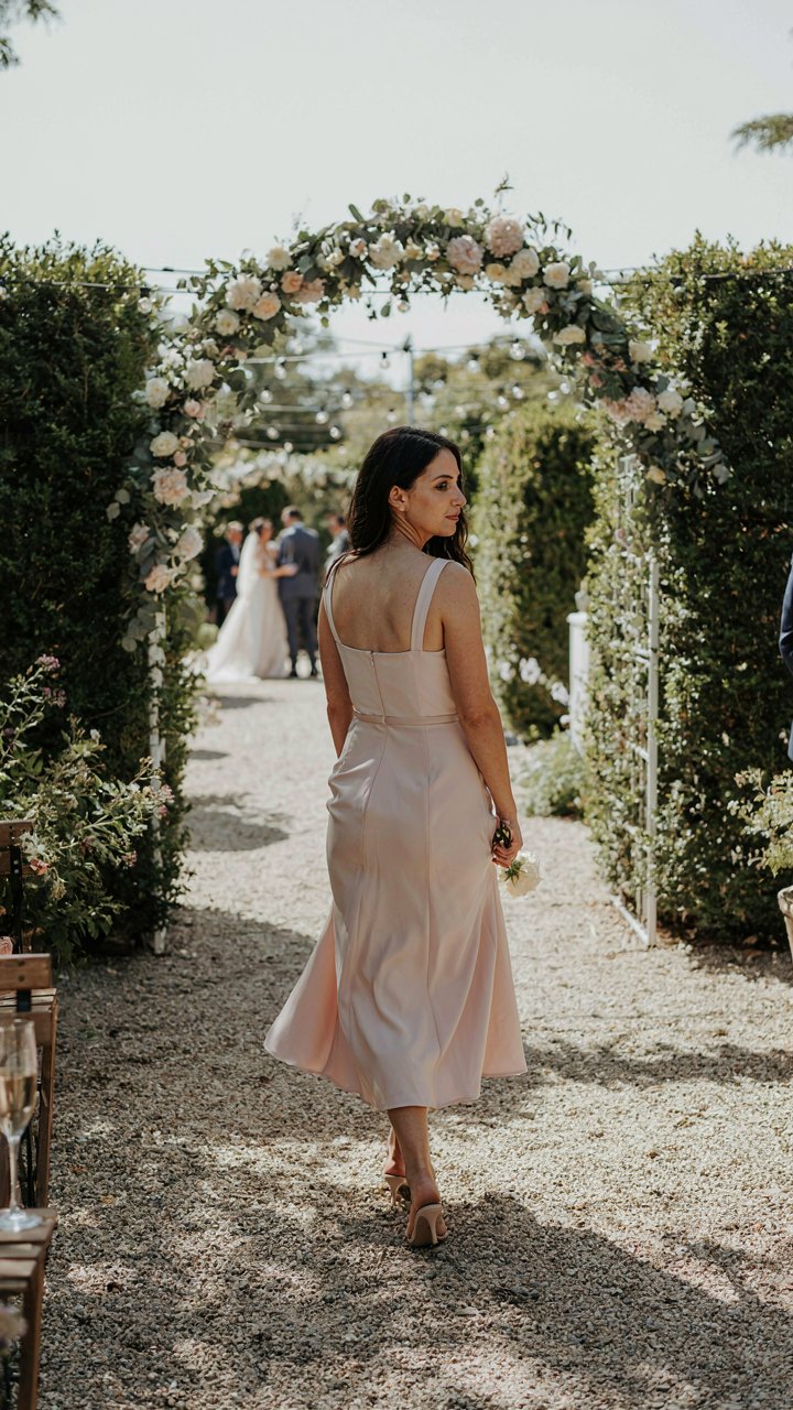 Woman walking away from a wedding, hand in the pocket of her elegant dress.