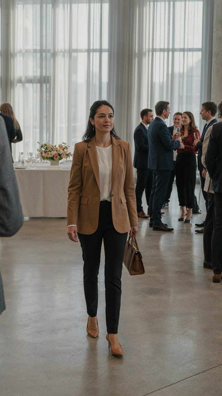 A person in a smart business casual outfit confidently walks into a bustling event.