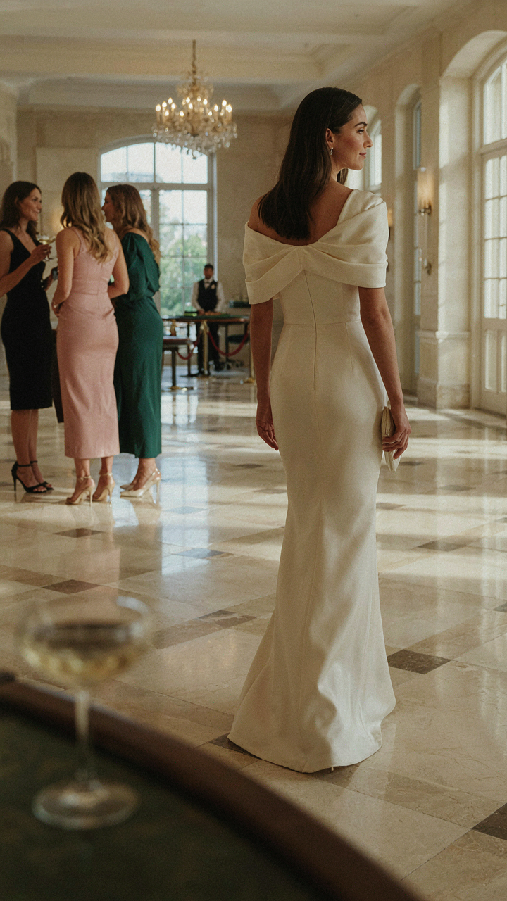 A woman in a unique dress walks confidently past others in a casino.