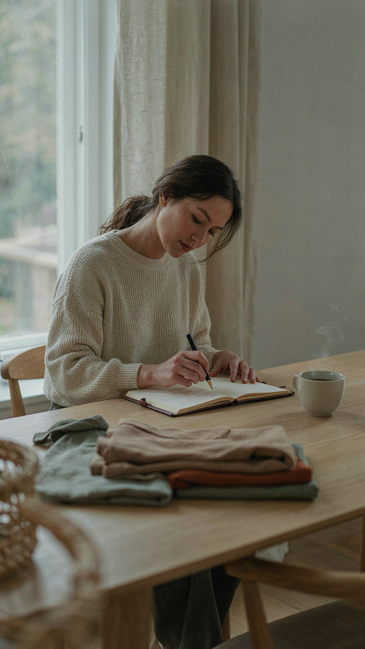 A woman writes in a journal with minimalist clothes nearby.