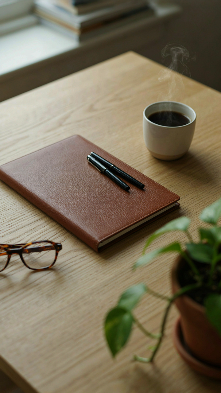 A simple, leather-bound planner and pen sit on a neat professional's desk.