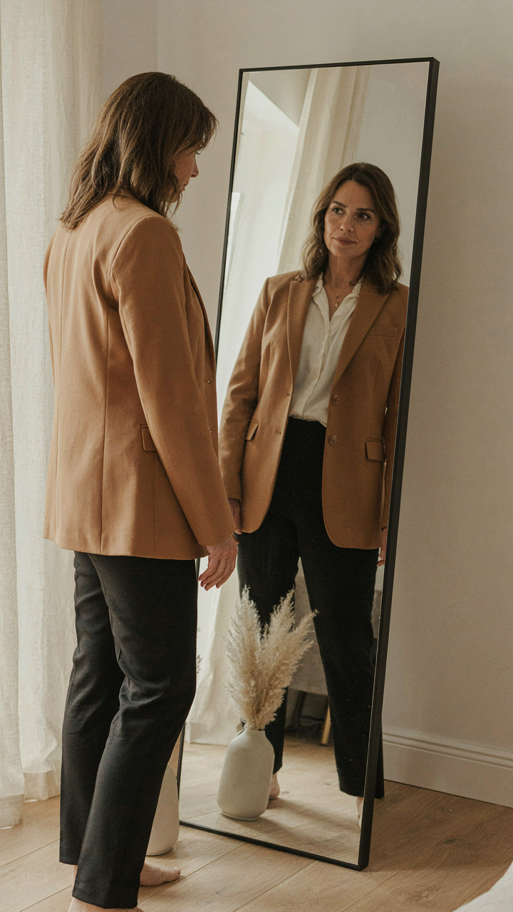 A woman confidently looks in a mirror, wearing a well-chosen blazer.