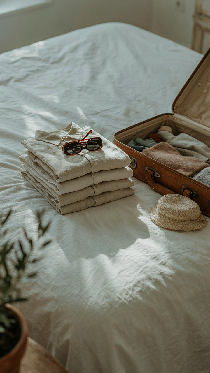 Three identical, neutral linen shirts folded on a bed for a hot climate capsule wardrobe.