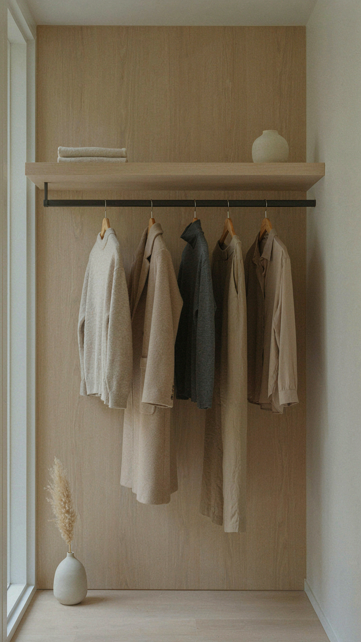 Minimalist closet with high-quality, neutral-toned garments hanging neatly.