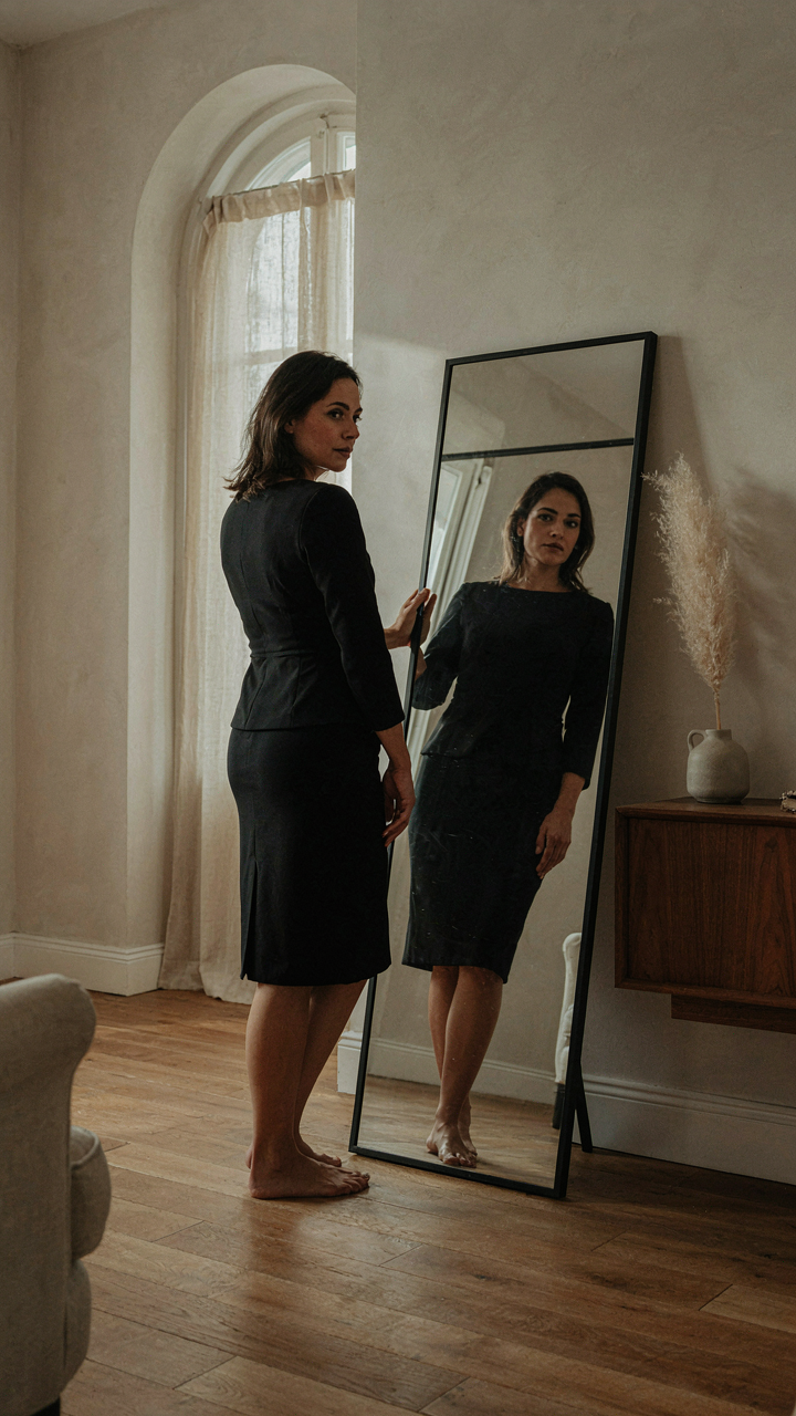A woman in a tailored cocktail dress looks confidently at herself in a mirror.