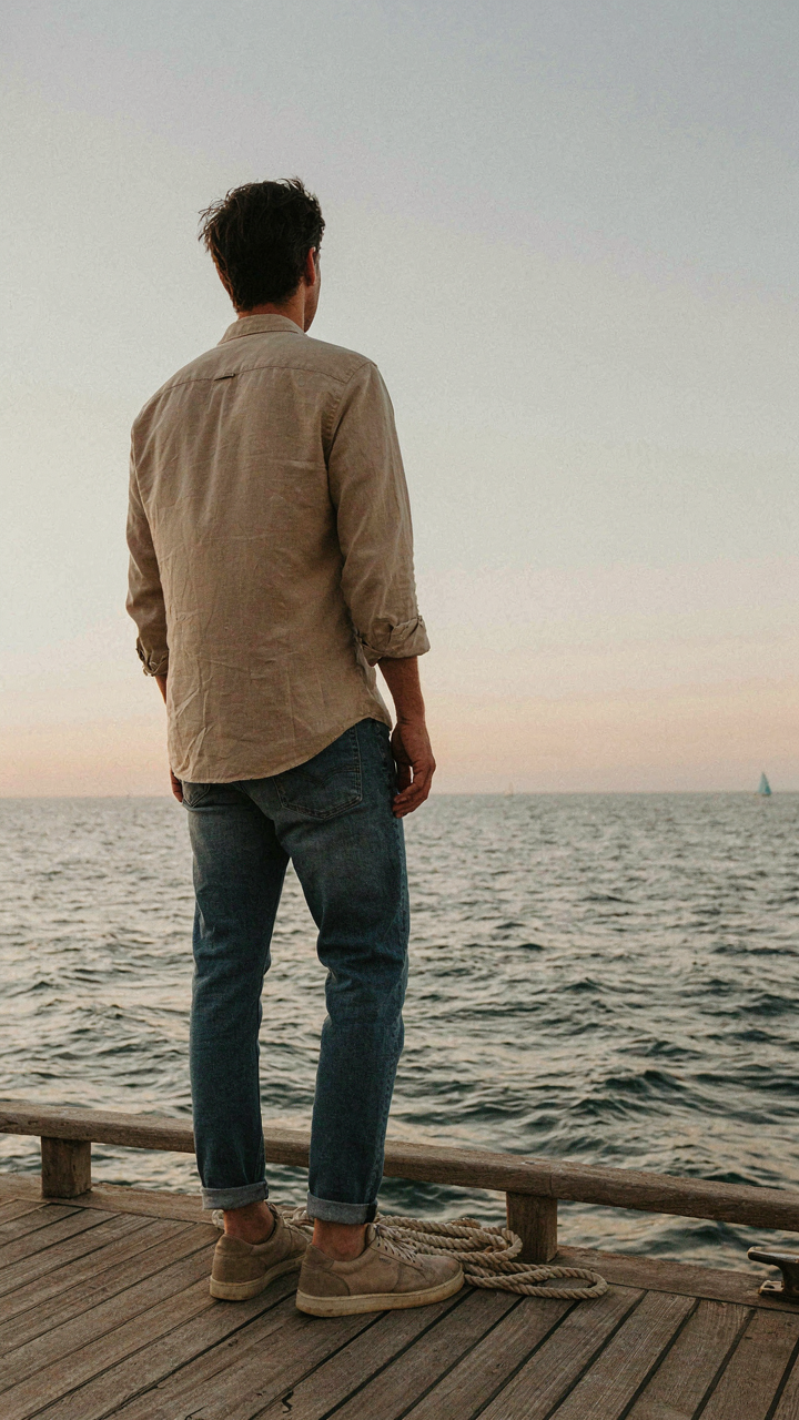 A person in simple clothes watches the sunset from a ship deck.