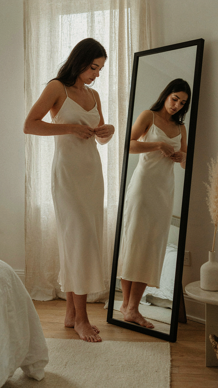 A woman looks at her reflection, adjusting her elegant dress.