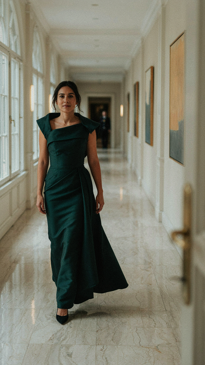 A woman confidently strides in a bold, uniquely structured evening dress.