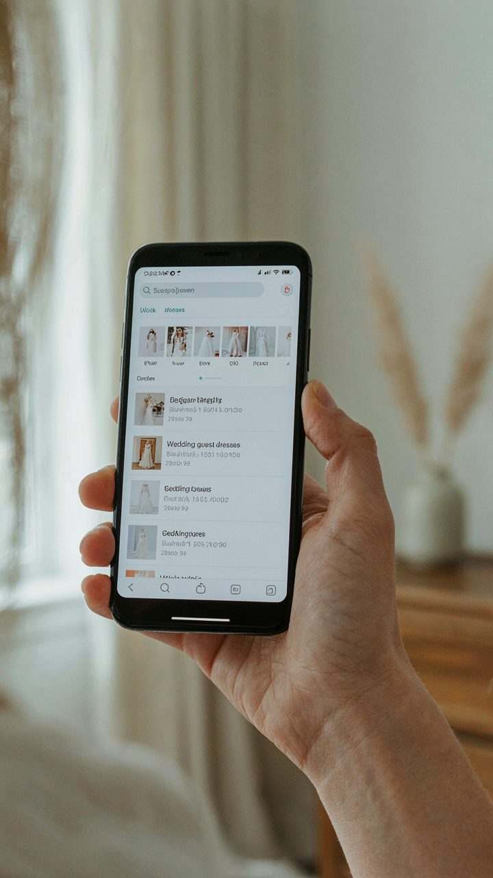 A hand holds a smartphone showing search results for affordable wedding guest dresses.