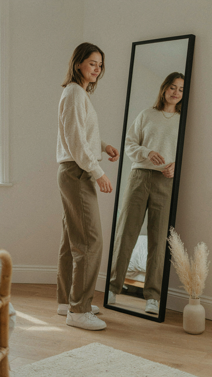 Woman smiling confidently in a favorite stylish outfit looking in a mirror.