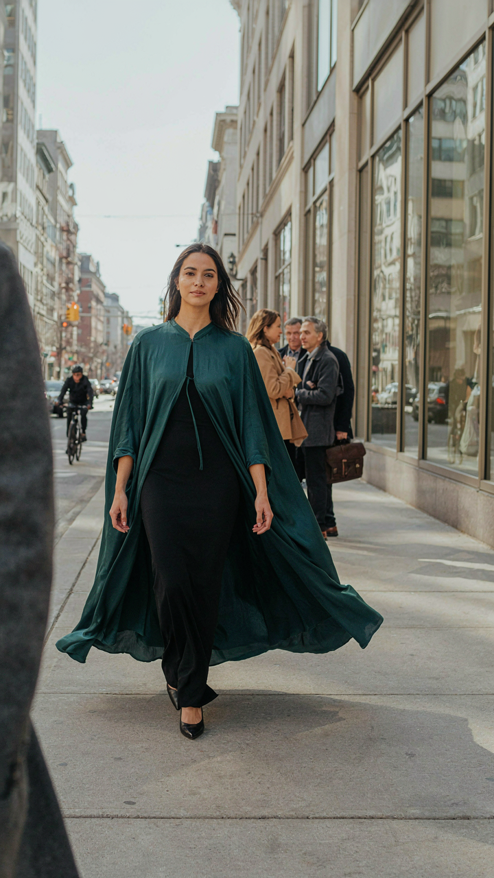 A woman in an evening cape walks confidently down a city street.