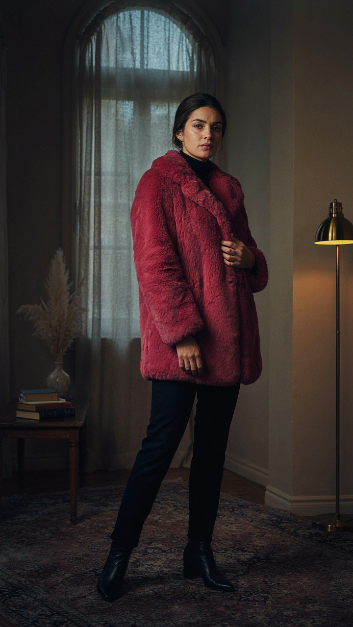 A woman in a striking faux fur coat confidently stands in an elegant room.