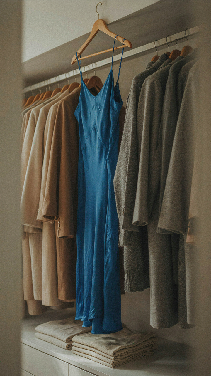 A bright, unique dress hanging in a closet full of muted clothes.