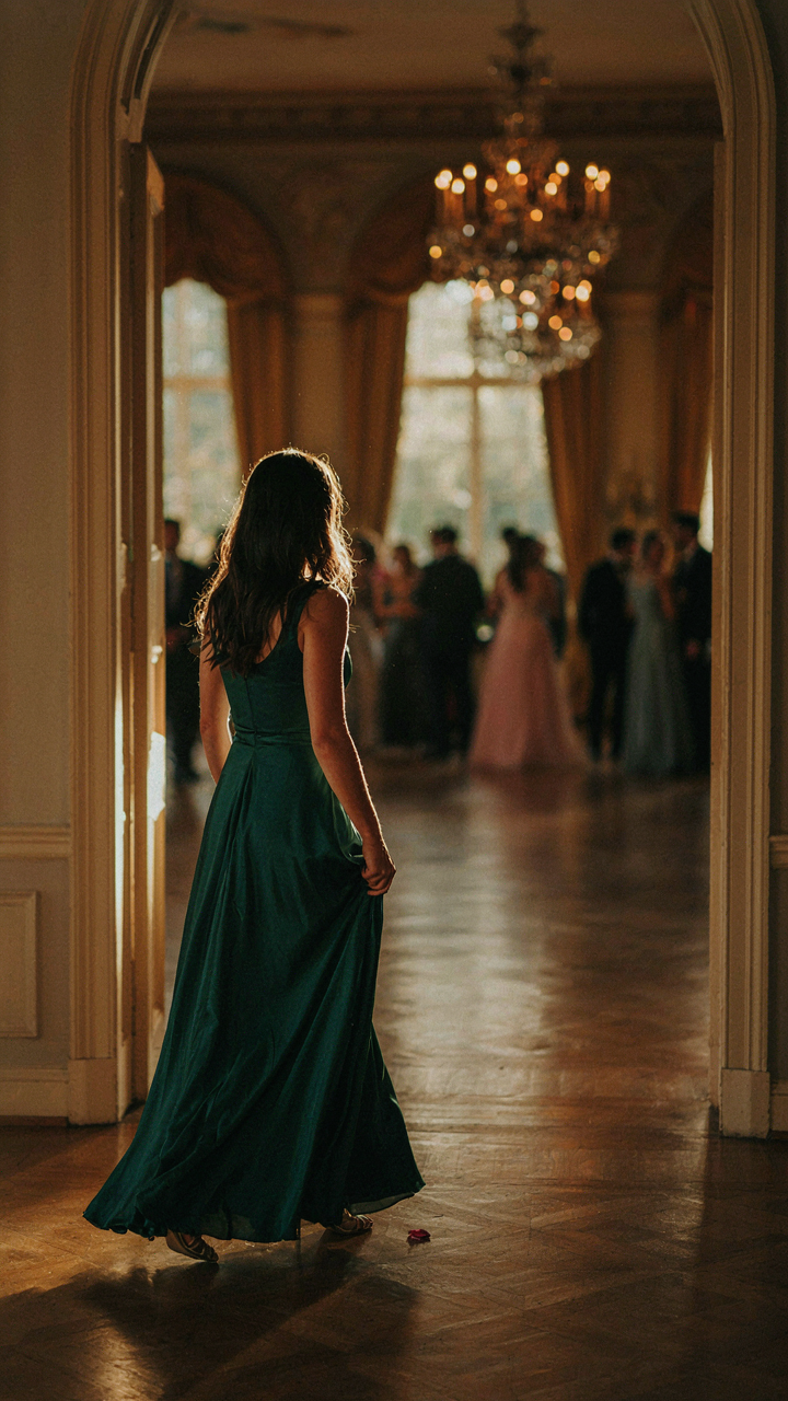 A person in a stunning maxi wedding guest dress walks into a ballroom.