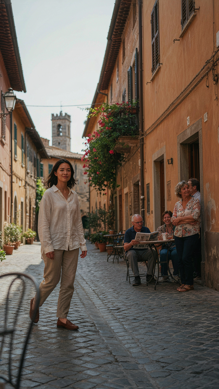 A person in a linen shirt walks confidently past casually dressed locals.