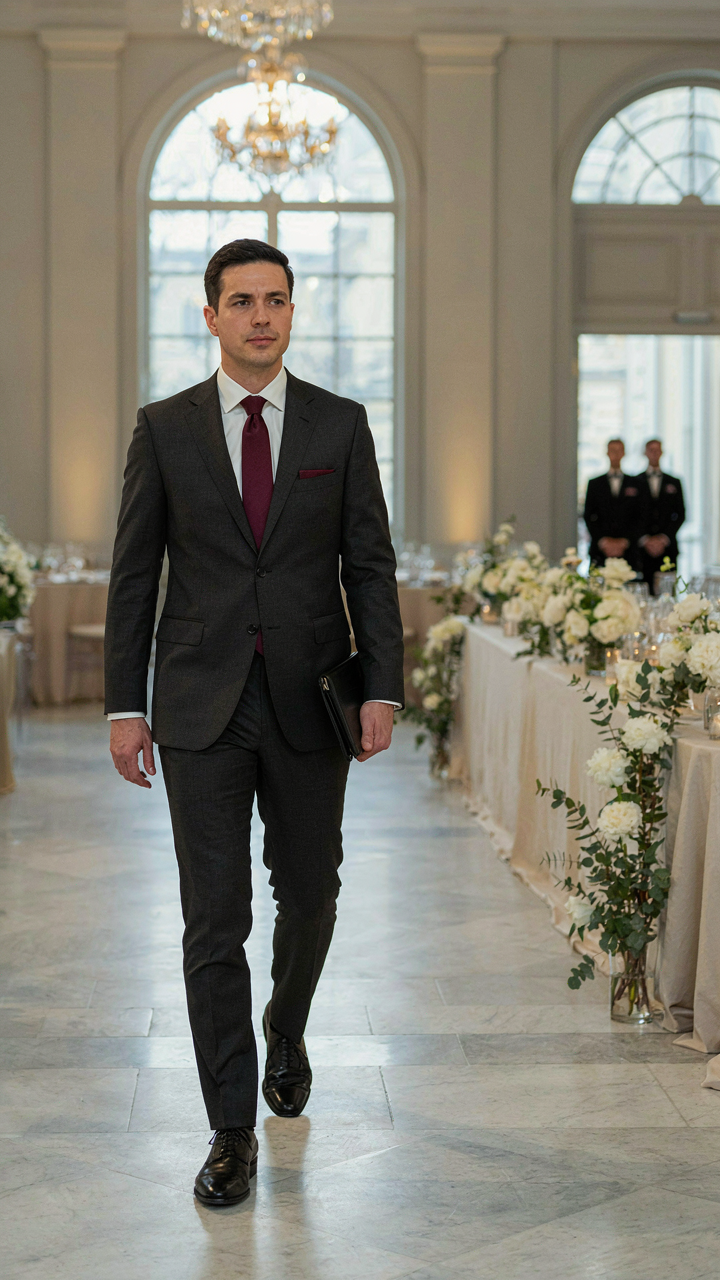 A man confidently walks into a grand event space, dressed impeccably.