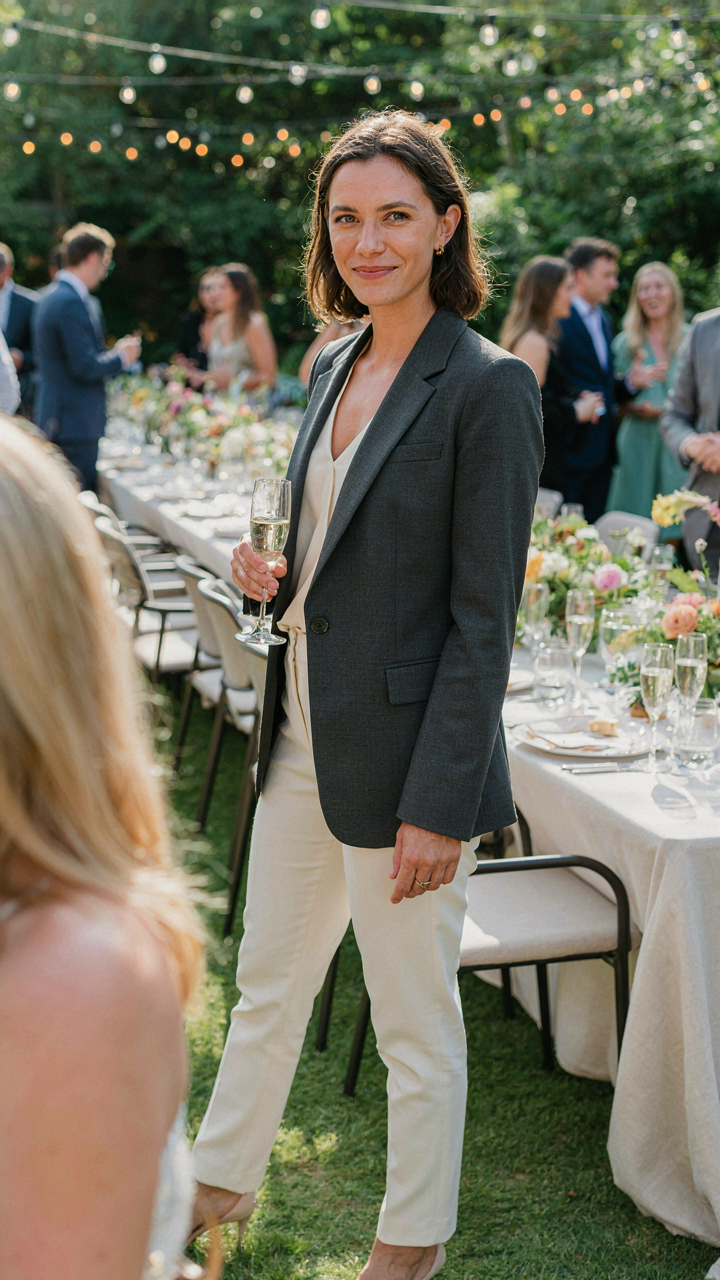 A person in what does dressy casual mean, smiles confidently at a social event.