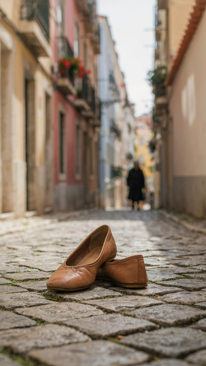 A pair of well-worn, comfortable flat shoes resting on uneven cobblestones.