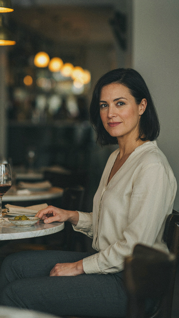 A person looks confidently at the camera while solo dining abroad.